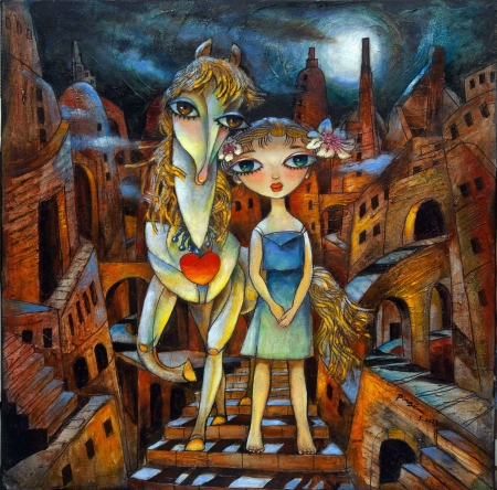 Girl and Monkey in Town by artist Ping Irvin